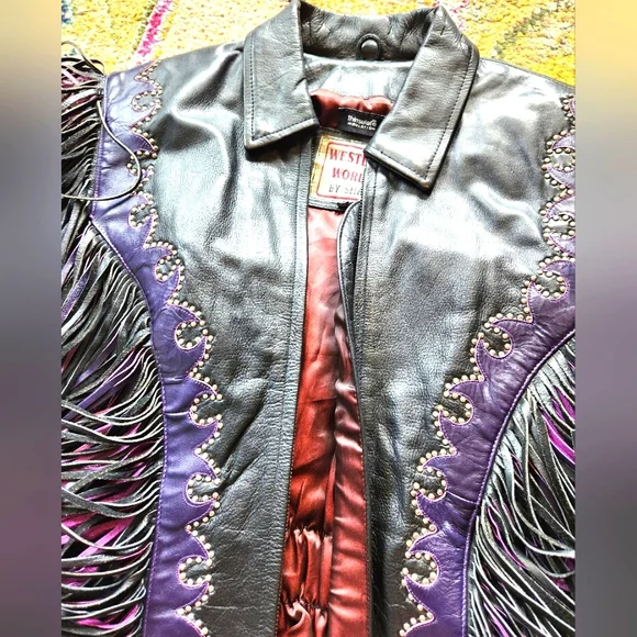 VTG 80s Black Leather Pink Purple Fringe Bike Zip Up Elastic Waist Jacket M - Picture 14 of 16